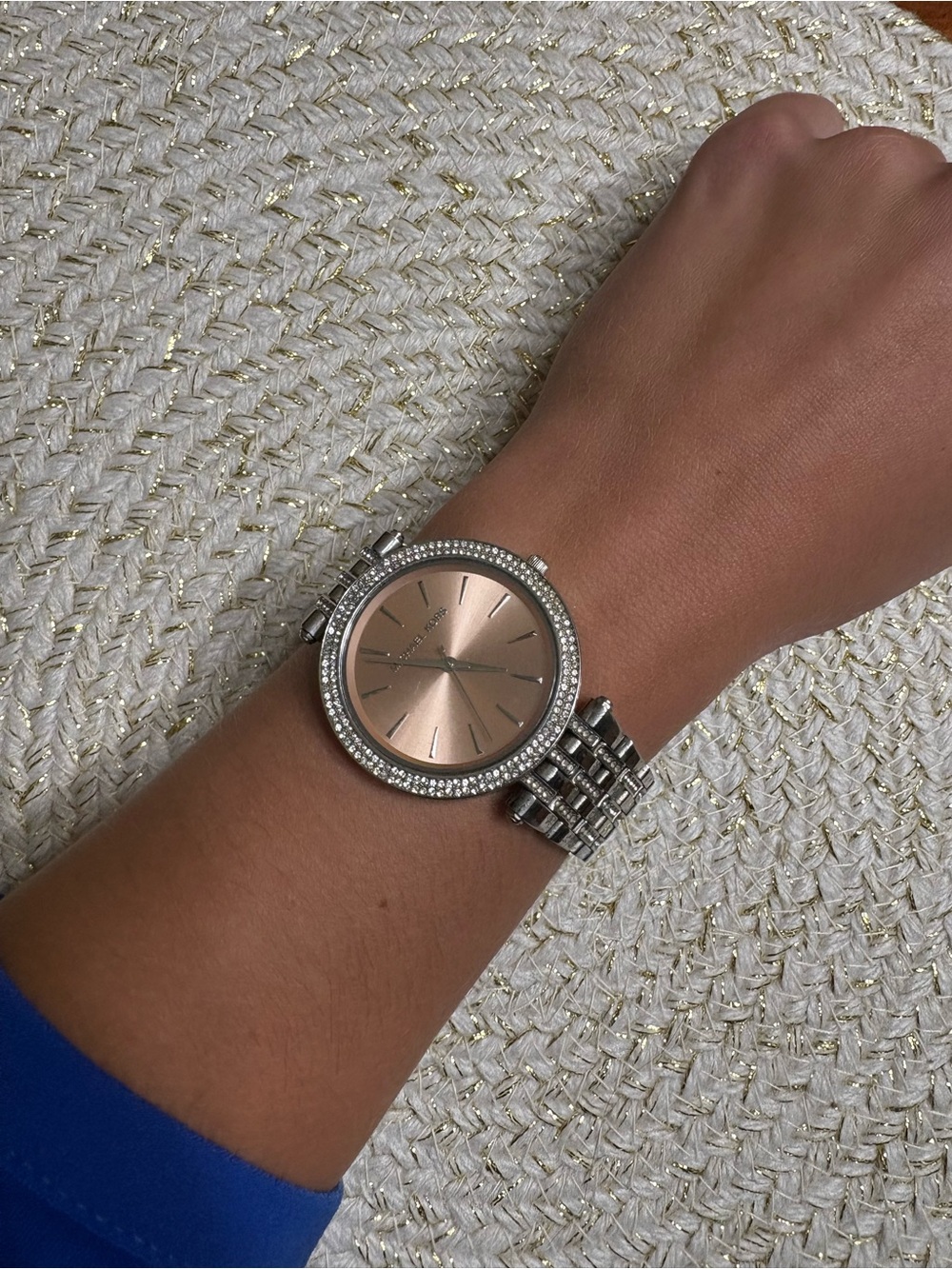 Michael Kors Silver Bracelet Watch with Rose Gold Dial and Crystal Bezel
